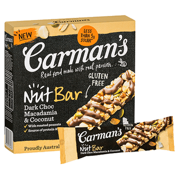 Carman's Dark Choc, Macadamia & Coconut Nut Bars 6x160g